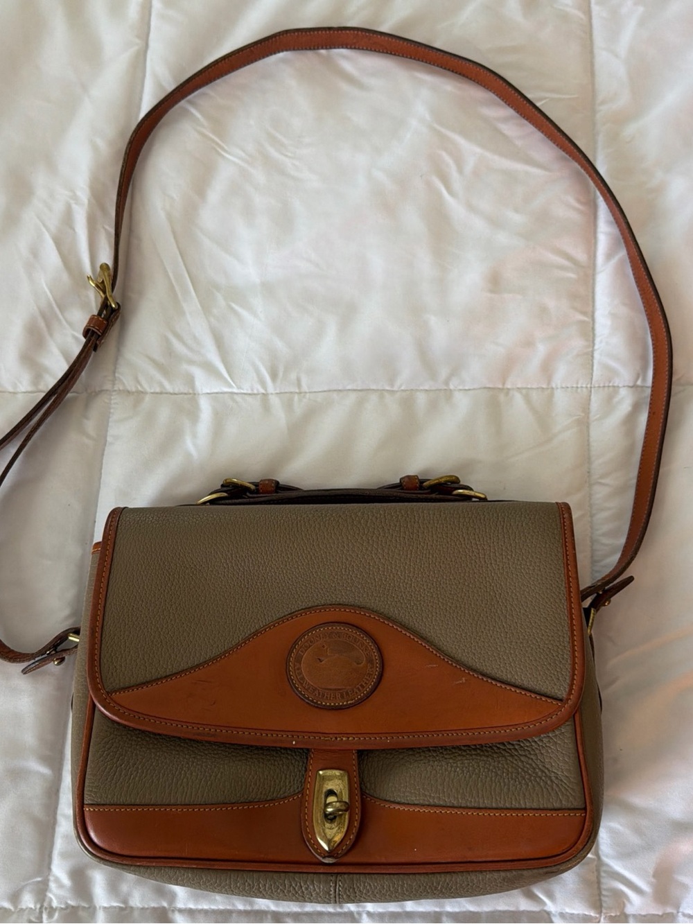 Dooney & Bourke Classic Two-Tone Brown & Taupe Leather Crossbody Satchel